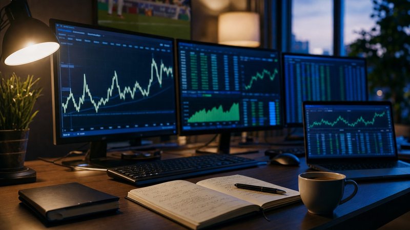 An analyst's desk with monitors showing charts and a notebook, used to capture and grade bookmaker margins