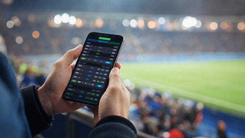 Checking sports odds on a phone with a floodlit stadium in the background