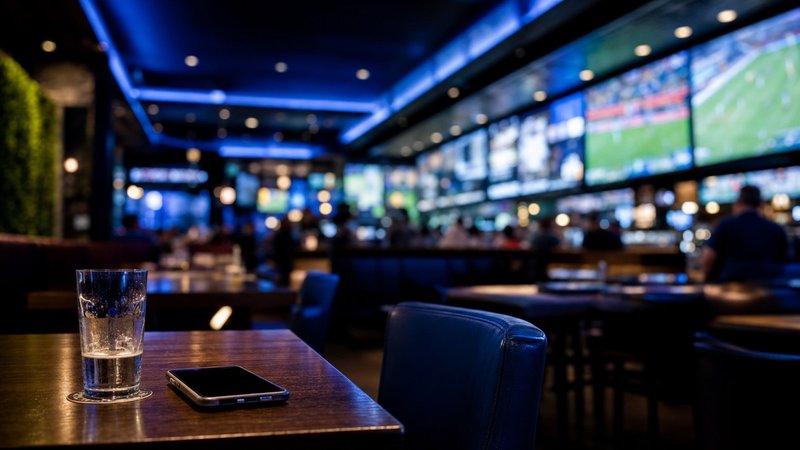 Checking sports odds on a phone with a floodlit stadium in the background