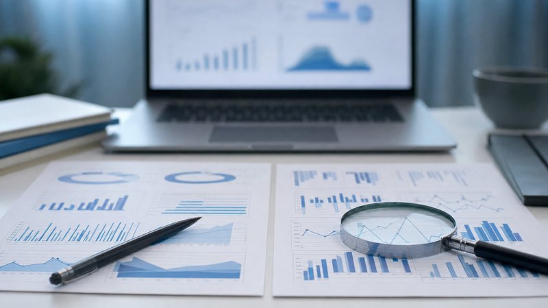 Two printed charts compared side by side with a pen and a magnifying glass beside a laptop