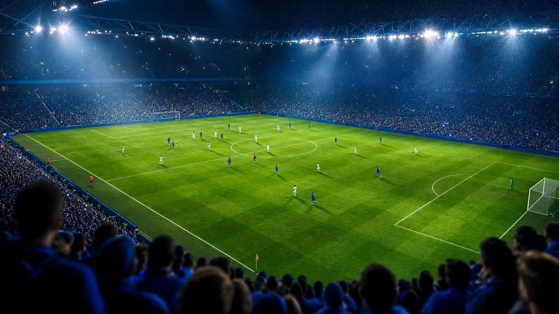 An empty floodlit football stadium at dusk, its green pitch ringed by tiered blue seats