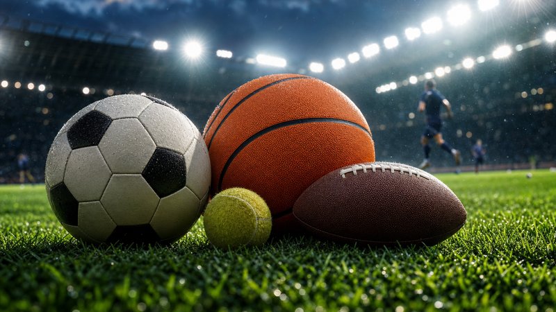 A football, basketball, tennis ball and American football in motion above a floodlit grass pitch