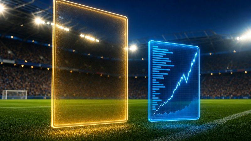 Two glowing panels standing on a floodlit pitch at night: a large empty gold panel beside a smaller blue panel filled with dense odds data and a rising line chart