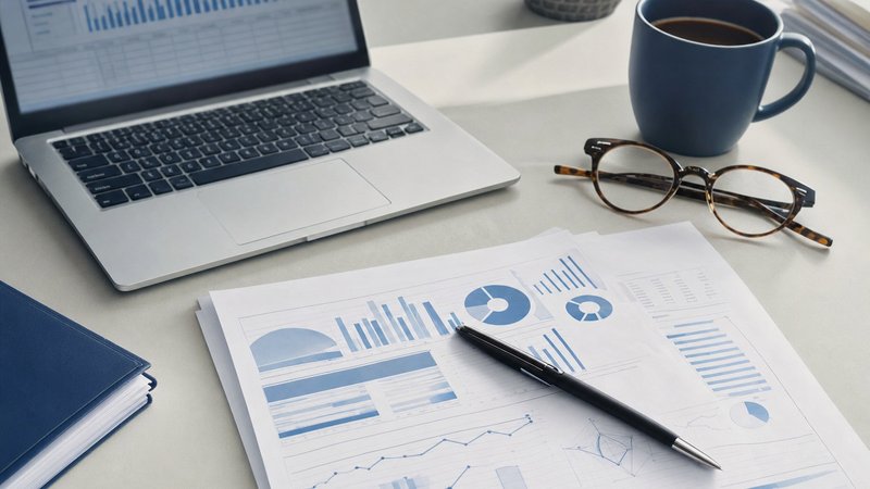A review desk in daylight with a laptop, printed charts, a pen and reading glasses