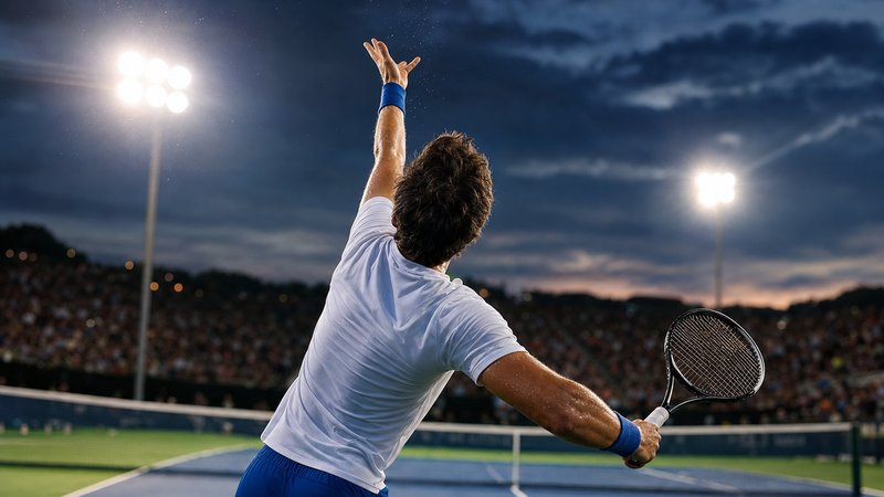 A tennis ball resting on the baseline of a floodlit hard court at dusk
