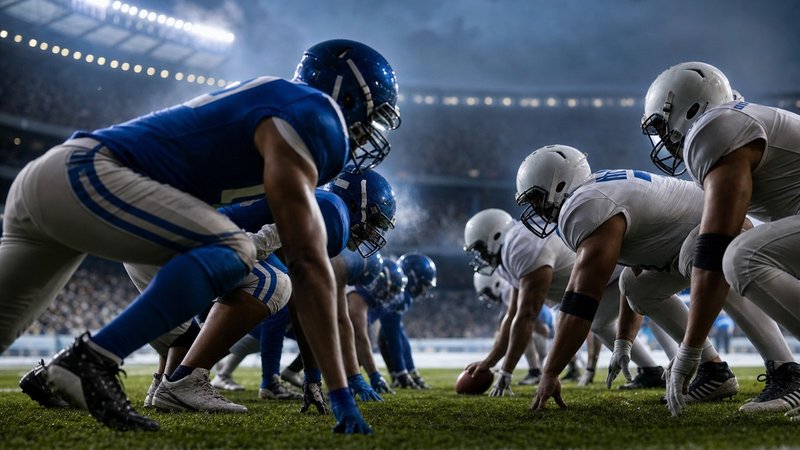 American football players set at the line of scrimmage in a floodlit stadium at dusk