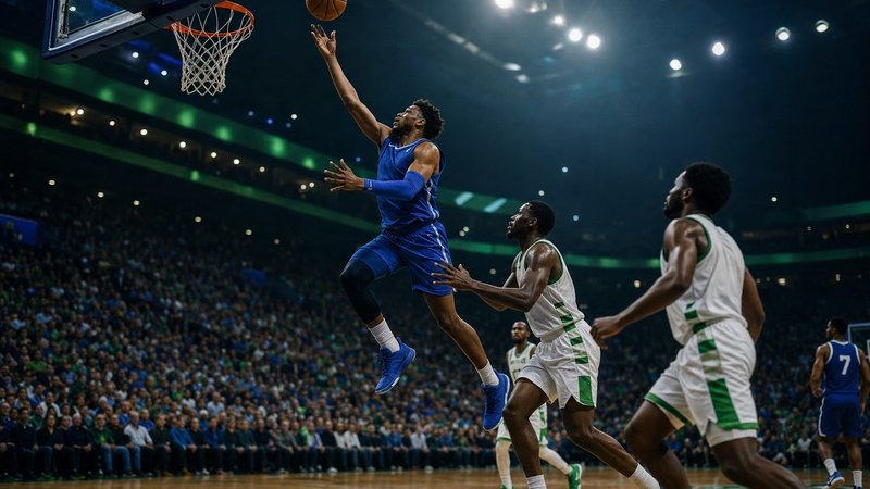 A basketball player rising for a layup in a floodlit indoor arena
