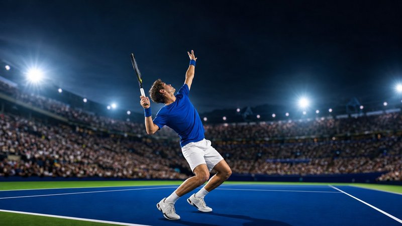 A tennis player mid-serve on a blue hard court under stadium lights at night